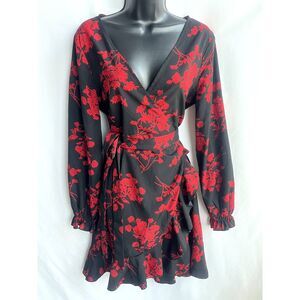 Shein Floral Red Mini Wrap Dress Ruffles Size S/4 Romantic Witchy Datenight Cute